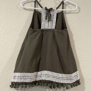~ Tommy Bahama 12mo Dress Cotton Crochet Lined Sleeveless Boho Olive PomPom Trim